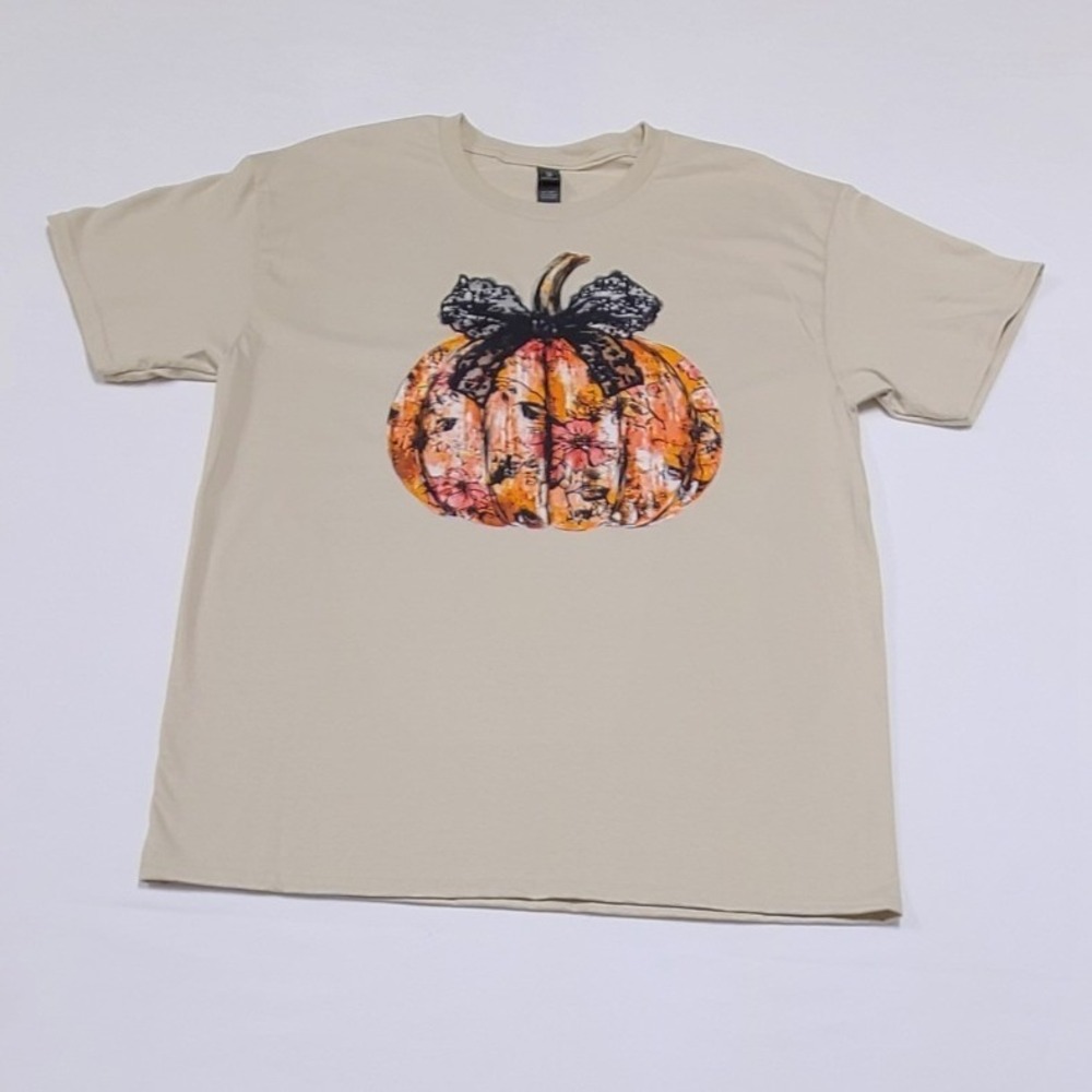Tan Floral Pumpkin Graphic T-Shirt Short Sleeve Cotton Size M Autumn Tee